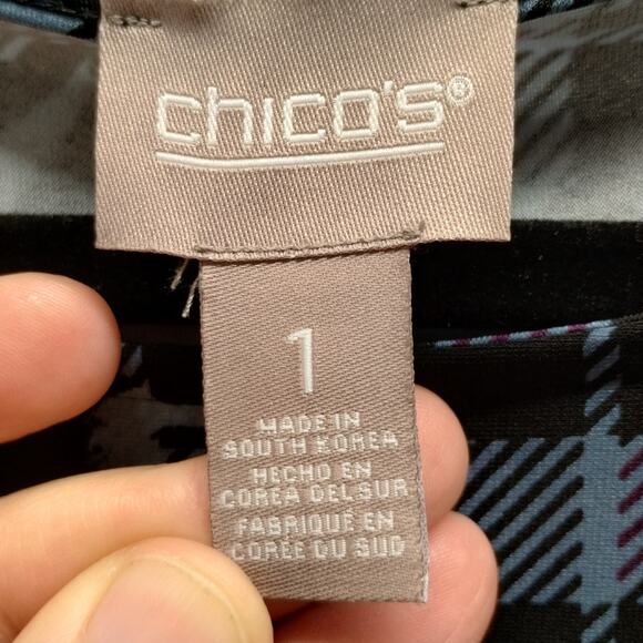 Chico's Size Medium (1) Black Blue Plaid Floral Sleeveless Boat Neck Shift Dress - Picture 4 of 5